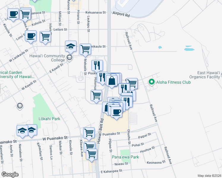 map of restaurants, bars, coffee shops, grocery stores, and more near 307 Makaala Street in Hilo