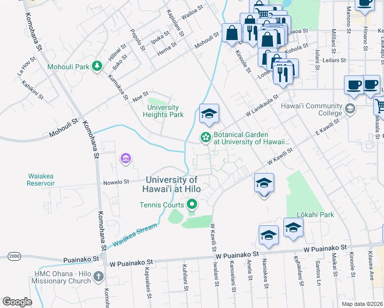 map of restaurants, bars, coffee shops, grocery stores, and more near 605 West Lanikaula Street in Hilo