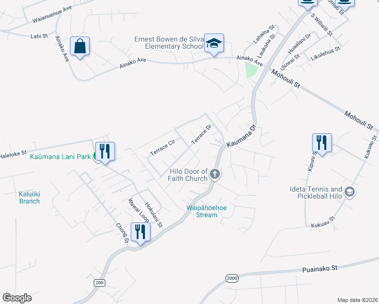 map of restaurants, bars, coffee shops, grocery stores, and more near 177 Terrace Drive in Hilo