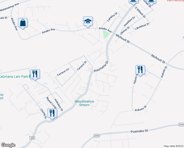 map of restaurants, bars, coffee shops, grocery stores, and more near 689 Kaumana Drive in Hilo