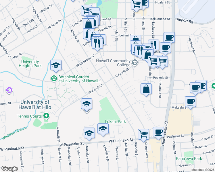 map of restaurants, bars, coffee shops, grocery stores, and more near 61 West Kawili Street in Hilo