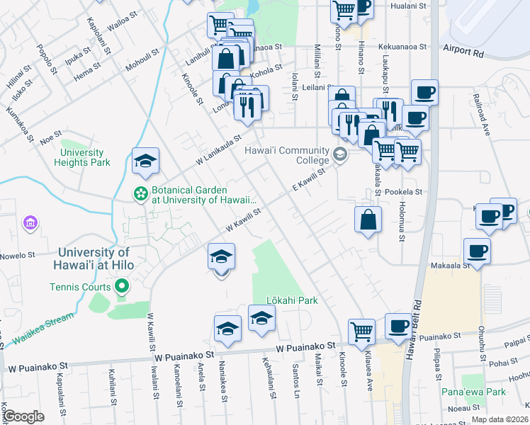 map of restaurants, bars, coffee shops, grocery stores, and more near 61 West Kawili Street in Hilo