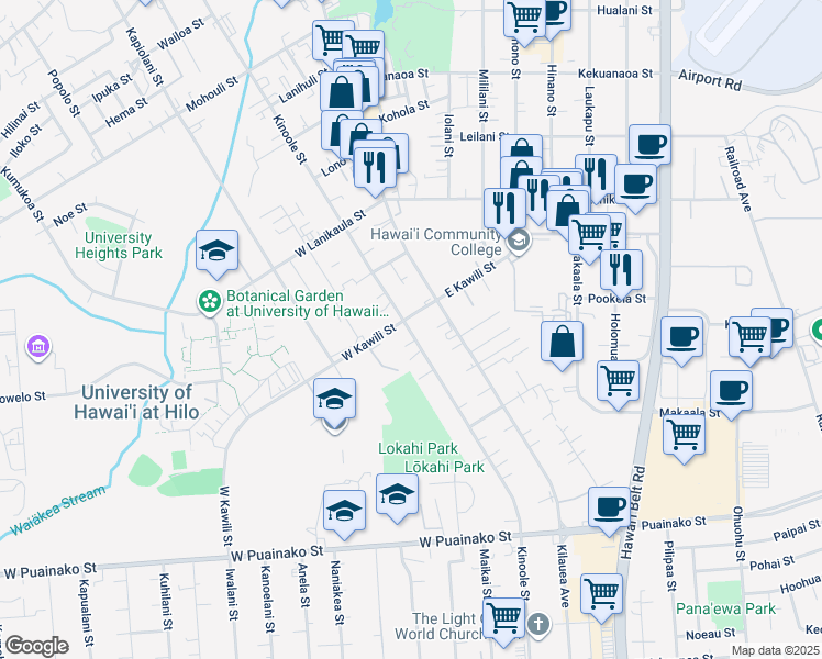 map of restaurants, bars, coffee shops, grocery stores, and more near 1521c Kinoole Street in Hilo