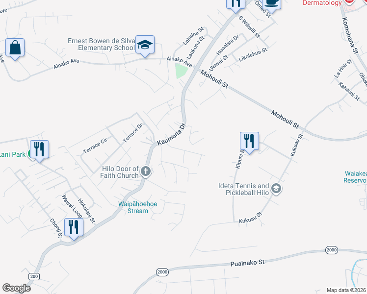 map of restaurants, bars, coffee shops, grocery stores, and more near 55 Luana Way in Hilo