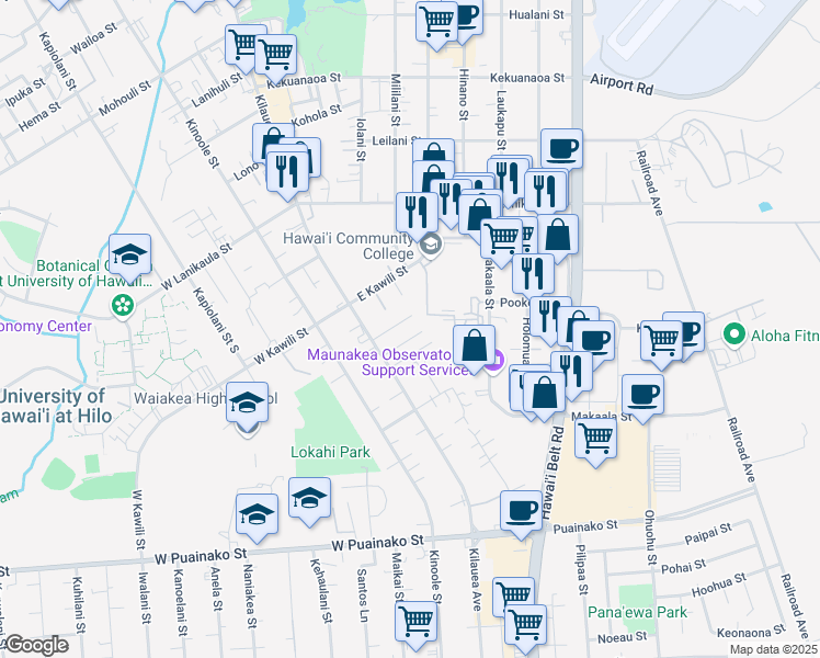 map of restaurants, bars, coffee shops, grocery stores, and more near 48 Leihala Drive in Hilo