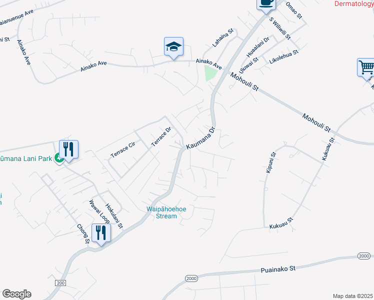 map of restaurants, bars, coffee shops, grocery stores, and more near 689 Kaumana Drive in Hilo