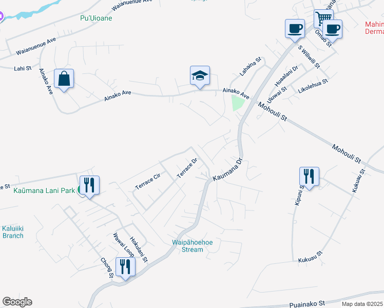 map of restaurants, bars, coffee shops, grocery stores, and more near 21 Huapala Place in Hilo