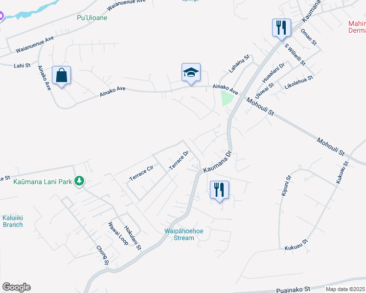 map of restaurants, bars, coffee shops, grocery stores, and more near 23 Huapala Place in Hilo