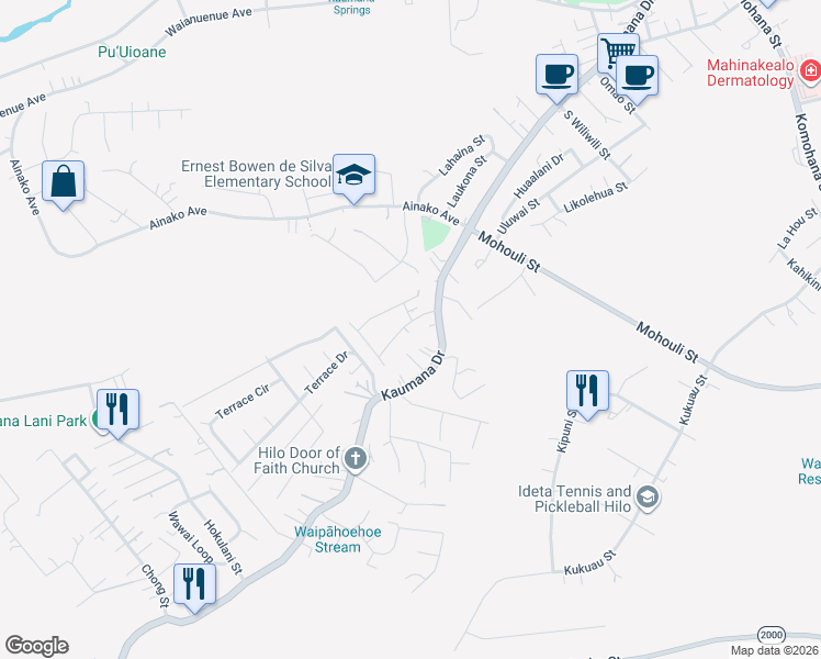 map of restaurants, bars, coffee shops, grocery stores, and more near 51 Aipuni Street in Hilo
