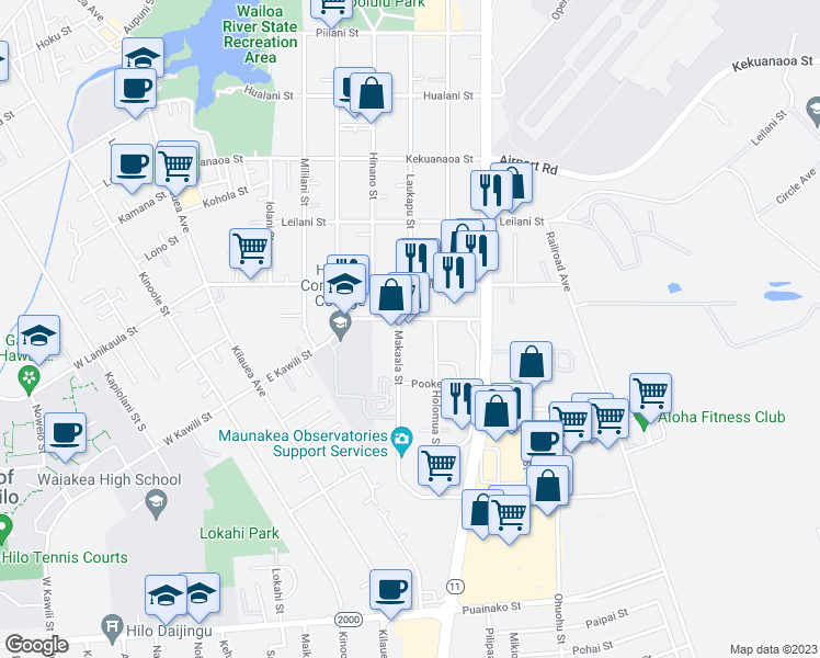 map of restaurants, bars, coffee shops, grocery stores, and more near 17 Makaala Street in Hilo