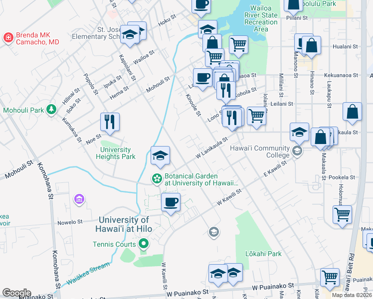 map of restaurants, bars, coffee shops, grocery stores, and more near 1332 Ululani Street in Hilo