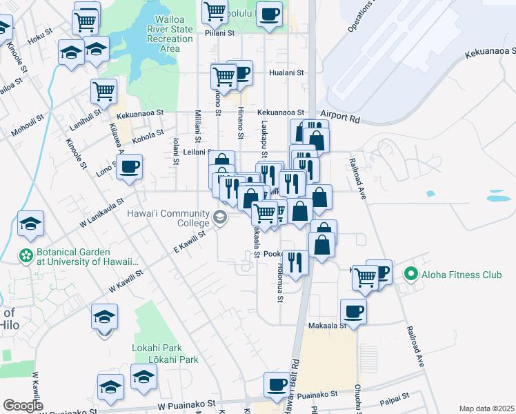 map of restaurants, bars, coffee shops, grocery stores, and more near 17 Makaala Street in Hilo