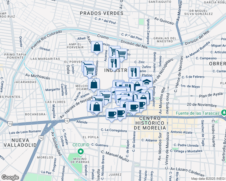 map of restaurants, bars, coffee shops, grocery stores, and more near Avenida Heroes de Nocupétaro in Morelia