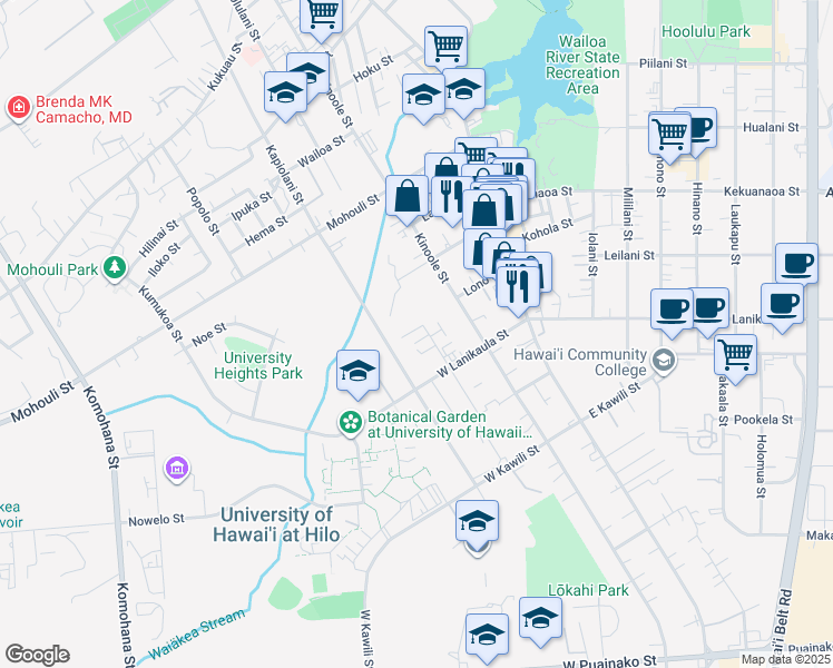 map of restaurants, bars, coffee shops, grocery stores, and more near 1305 Ululani Street in Hilo