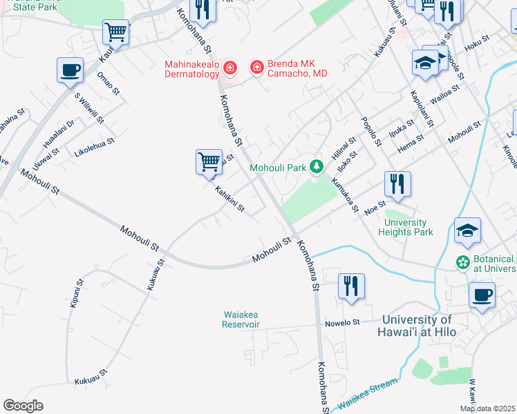 map of restaurants, bars, coffee shops, grocery stores, and more near 467 Ohukea Street in Hilo