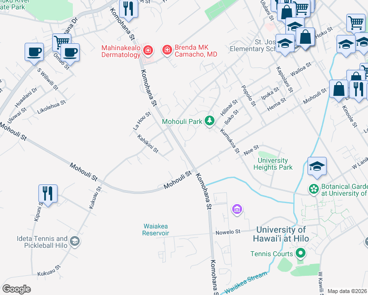 map of restaurants, bars, coffee shops, grocery stores, and more near 467 Ohukea Street in Hilo
