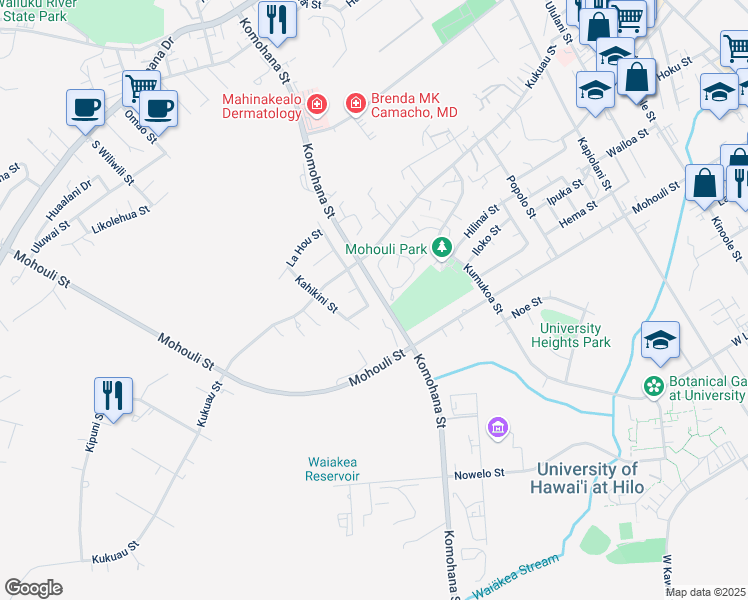 map of restaurants, bars, coffee shops, grocery stores, and more near 467 Ohukea Street in Hilo