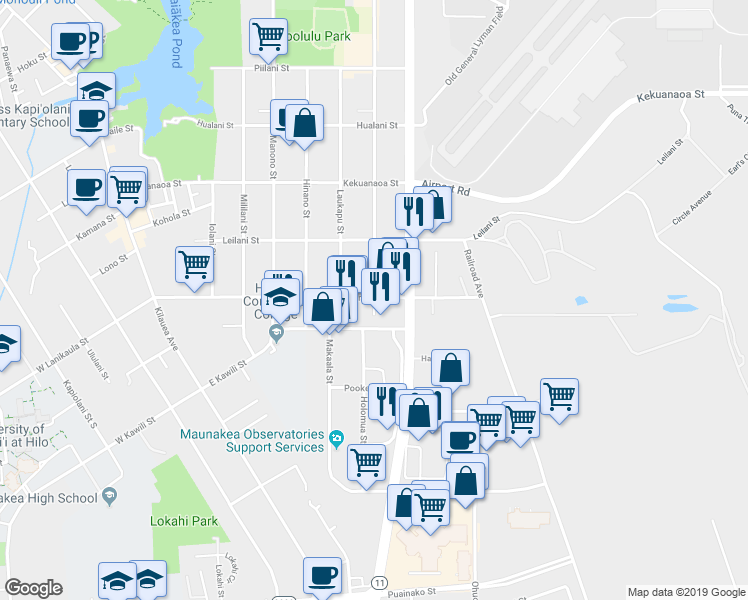 map of restaurants, bars, coffee shops, grocery stores, and more near 815 Kalanikoa Street in Hilo