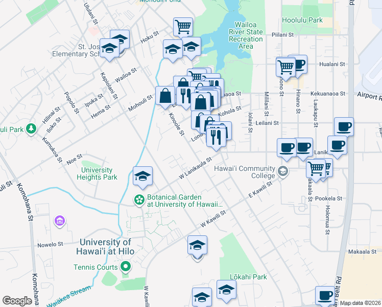 map of restaurants, bars, coffee shops, grocery stores, and more near 1310 Kinoole Street in Hilo