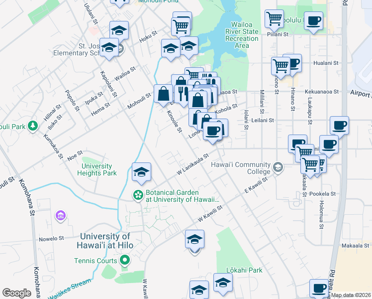map of restaurants, bars, coffee shops, grocery stores, and more near 1310 Kinoole Street in Hilo