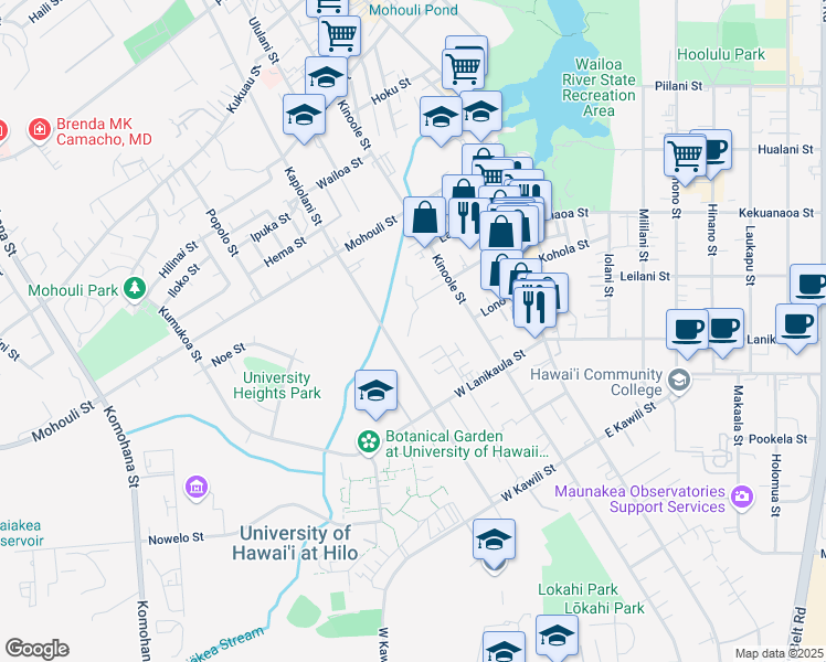 map of restaurants, bars, coffee shops, grocery stores, and more near 145 Kamana Street in Hilo