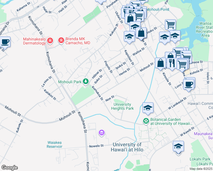 map of restaurants, bars, coffee shops, grocery stores, and more near 463 Hoopuni Way in Hilo