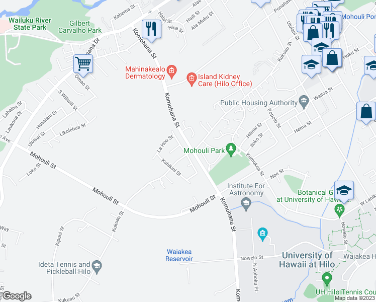 map of restaurants, bars, coffee shops, grocery stores, and more near 401 Ohukea Street in Hilo