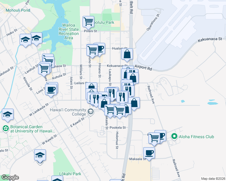 map of restaurants, bars, coffee shops, grocery stores, and more near 747 Laukapu St in Hilo