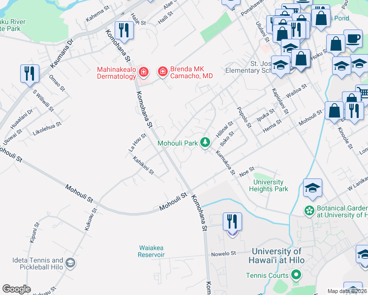 map of restaurants, bars, coffee shops, grocery stores, and more near 583 Kaanini Street in Hilo