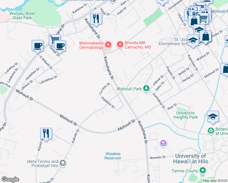 map of restaurants, bars, coffee shops, grocery stores, and more near 390 Ohukea Street in Hilo