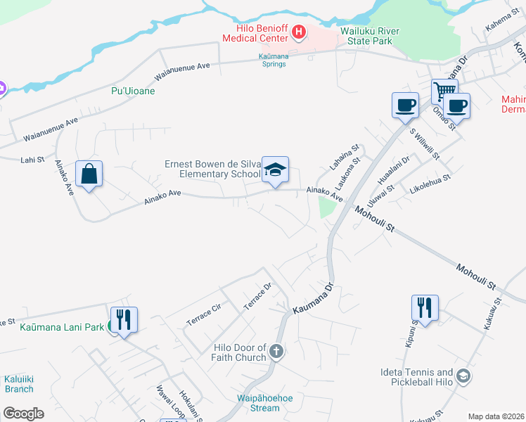 map of restaurants, bars, coffee shops, grocery stores, and more near 140 Palani Street in Hilo