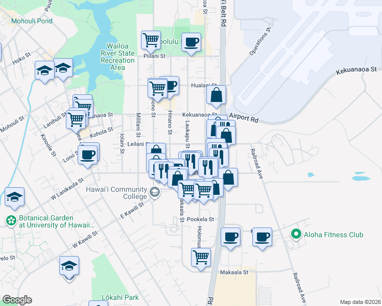 map of restaurants, bars, coffee shops, grocery stores, and more near 747 Laukapu Street in Hilo