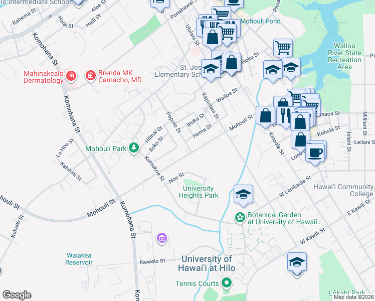 map of restaurants, bars, coffee shops, grocery stores, and more near 356 Mohouli St in Hilo