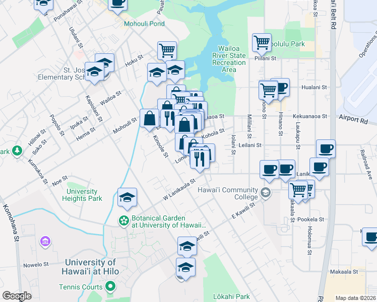 map of restaurants, bars, coffee shops, grocery stores, and more near 1382 Kilauea Avenue in Hilo
