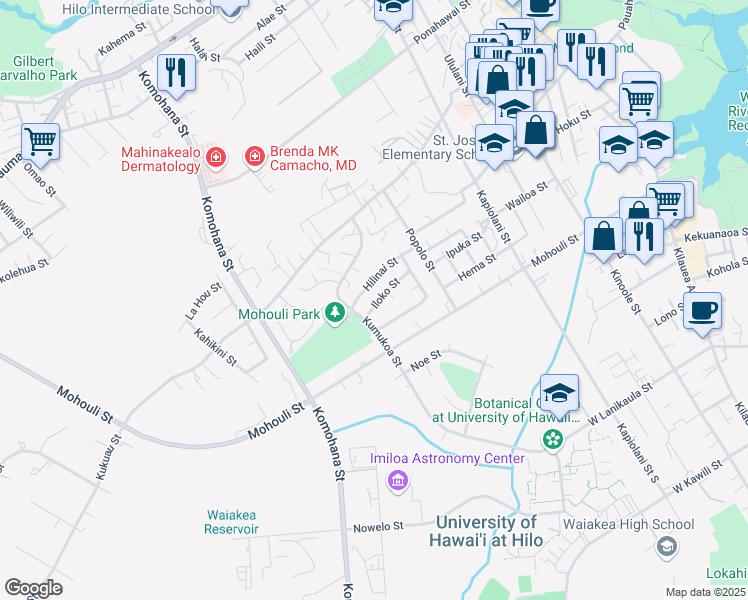 map of restaurants, bars, coffee shops, grocery stores, and more near 136 Li'i Place in Hilo