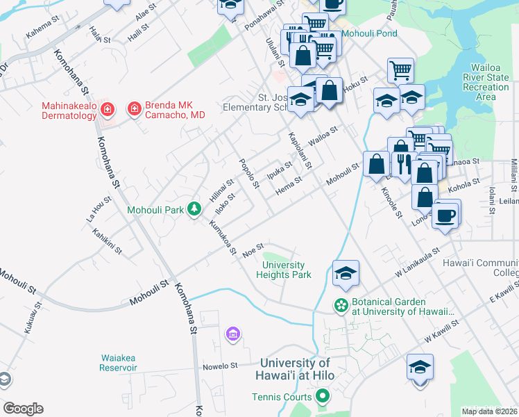 map of restaurants, bars, coffee shops, grocery stores, and more near 356 Mohouli Street in Hilo