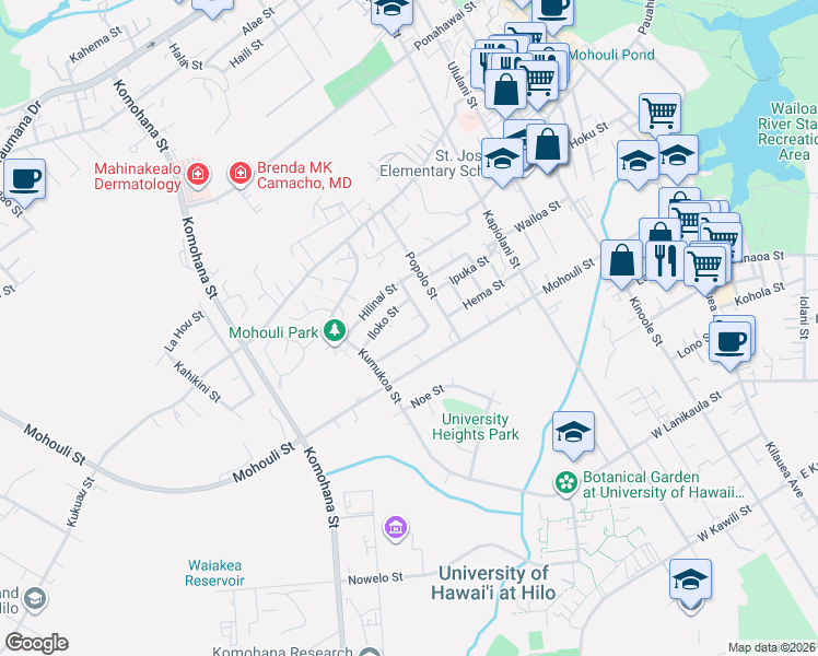 map of restaurants, bars, coffee shops, grocery stores, and more near 463 Hoopuni Way in Hilo