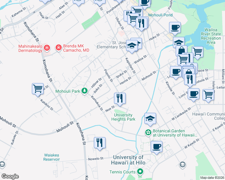 map of restaurants, bars, coffee shops, grocery stores, and more near 356 Mohouli Street in Hilo