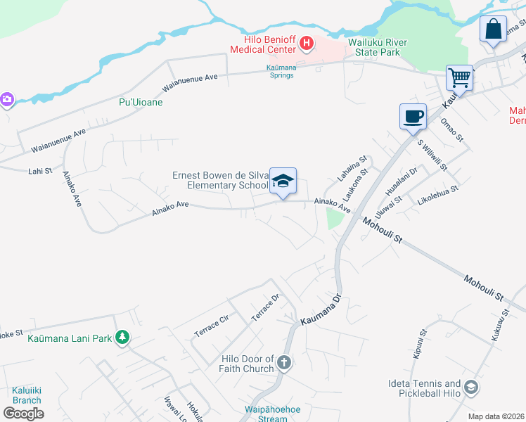 map of restaurants, bars, coffee shops, grocery stores, and more near 140 Palani Street in Hilo