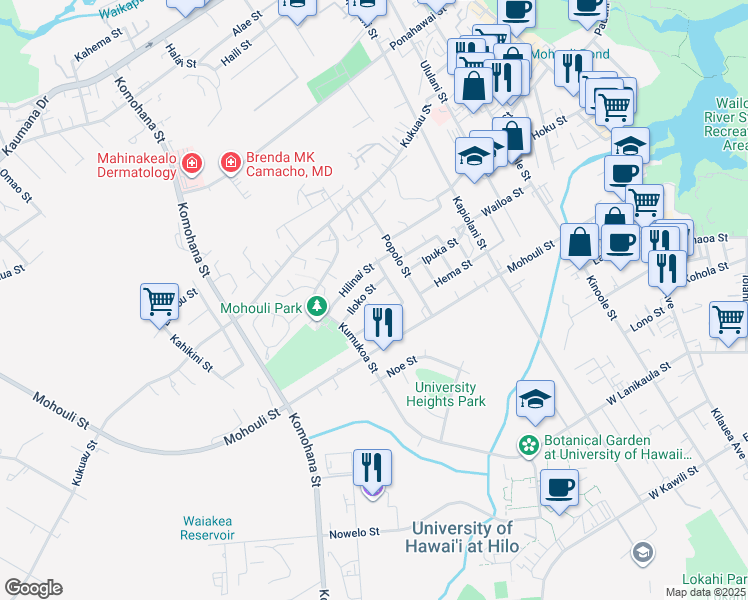map of restaurants, bars, coffee shops, grocery stores, and more near 463 Hoopuni Way in Hilo