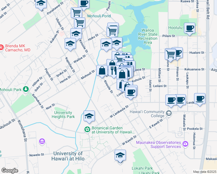 map of restaurants, bars, coffee shops, grocery stores, and more near Kamana Street in Hilo