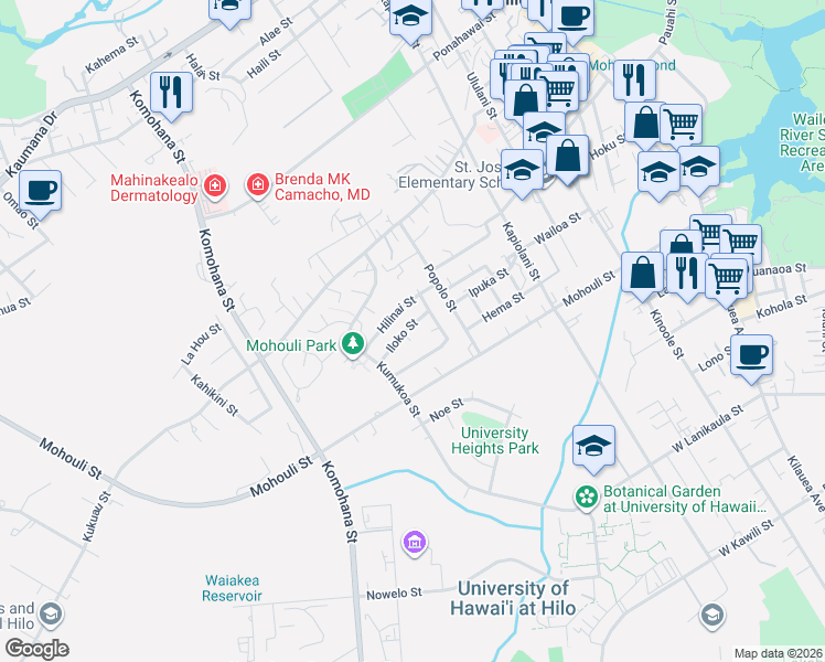 map of restaurants, bars, coffee shops, grocery stores, and more near 420 Hilinai Street in Hilo