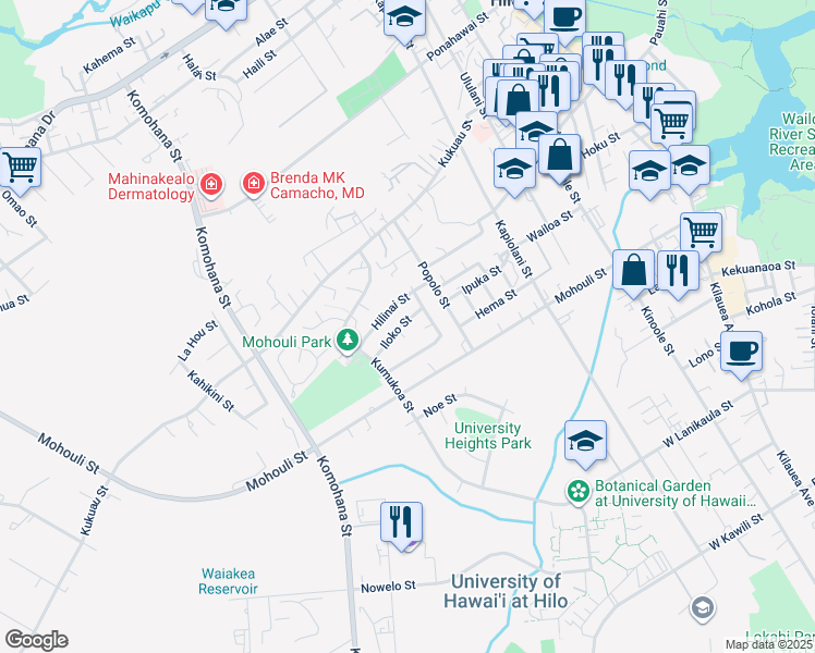 map of restaurants, bars, coffee shops, grocery stores, and more near 404 Hoopuni Way in Hilo