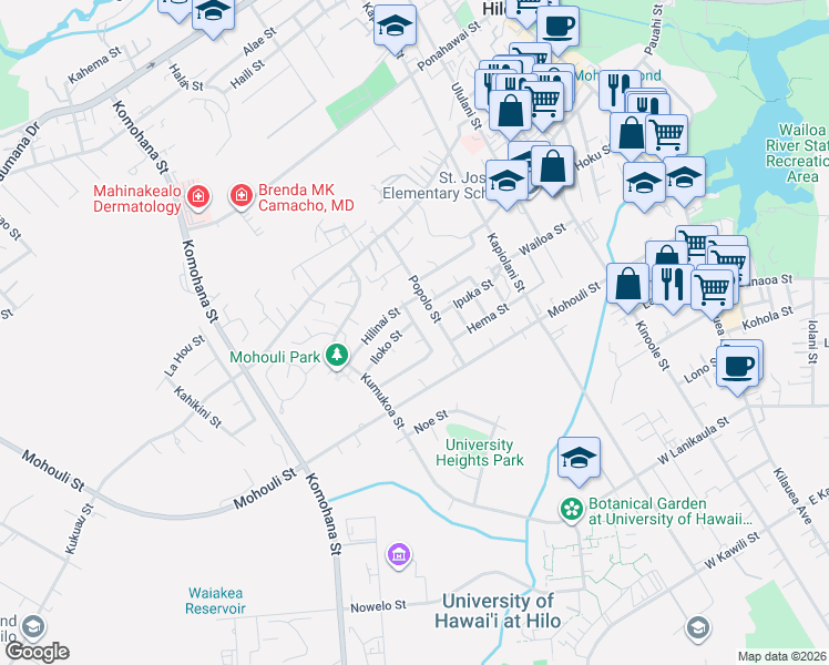 map of restaurants, bars, coffee shops, grocery stores, and more near 404 Hoopuni St. in Hilo