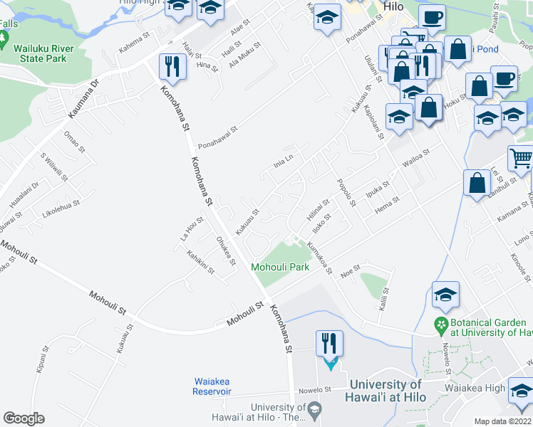 map of restaurants, bars, coffee shops, grocery stores, and more near 1047 Kikau Pl in Hilo