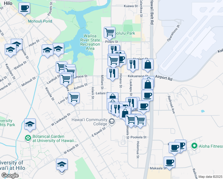 map of restaurants, bars, coffee shops, grocery stores, and more near 901 Manono Street in Hilo