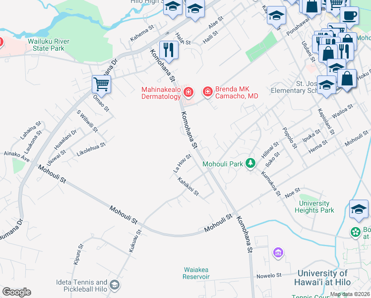 map of restaurants, bars, coffee shops, grocery stores, and more near 330 Ohukea Street in Hilo