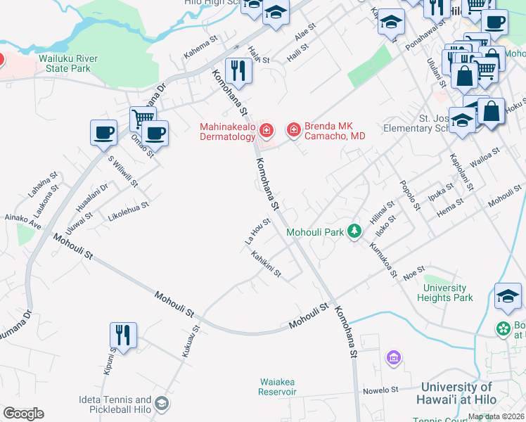 map of restaurants, bars, coffee shops, grocery stores, and more near 330 Ohukea Street in Hilo