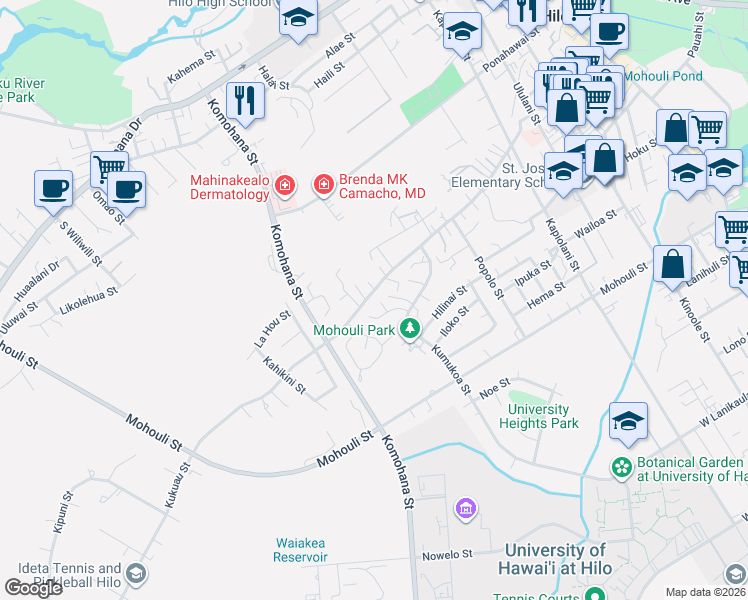 map of restaurants, bars, coffee shops, grocery stores, and more near 1047 Kikau Place in Hilo