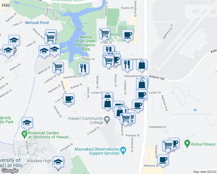 map of restaurants, bars, coffee shops, grocery stores, and more near 901 Manono Street in Hilo